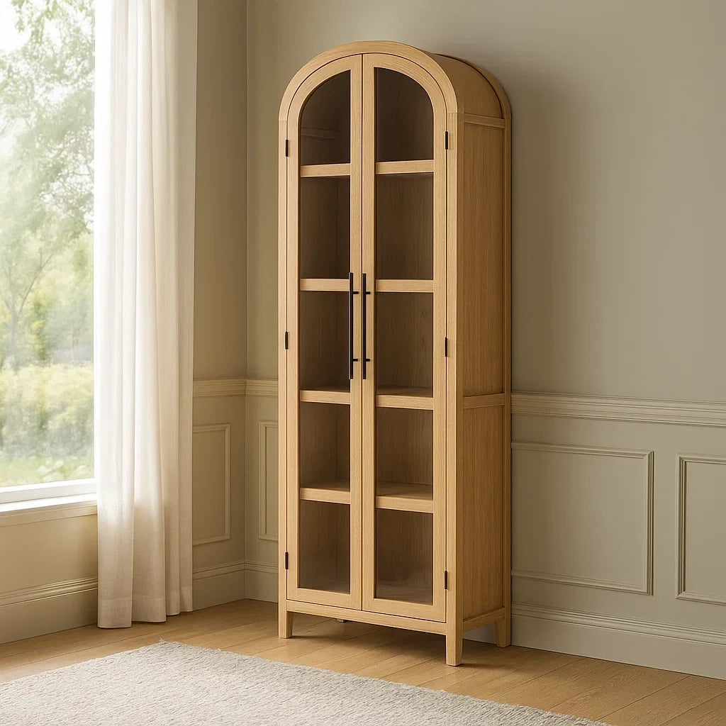 Librería acristalada de roble claro con forma arqueada de 200 cm
