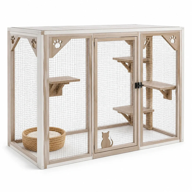 Recinto para gatos de madera y metal con plataformas de descanso y poste rascador, 180 × 80 × 170 cm, natural/blanco