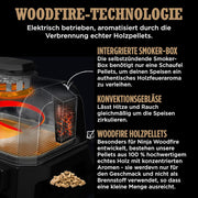 Ninja Woodfire Parrilla eléctrica, ahumador y freidora de aire, barbacoa para exteriores 7 en 1, freír con aire, ahumar, asar, hornear y más, resistente a la intemperie, antiadherente, portátil, eléctrica, gris/negro OG701EU