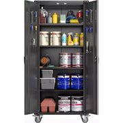 Gabinete de almacenamiento para garaje con ruedas y tablero perforado, armario de metal con cerradura de 72" de altura, 2 puertas y 4 estantes ajustables para taller de garaje
