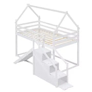 Literas tipo casita con tobogán y escaleras de almacenamiento, litera de madera individual sobre individual para niños con techo y escaleras para niñas y niños