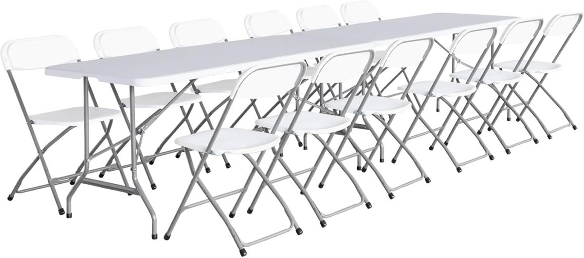 sweeek - Set de 2 mesas de recepción plegables de plástico blanco de 180 cm + 12 sillas auxiliares. Mesa de camping