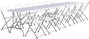 sweeek - Set de 2 mesas de recepción plegables de plástico blanco de 180 cm + 12 sillas auxiliares. Mesa de camping