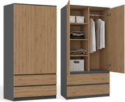 Armario infantil CDF de 90 cm de ancho, armario de dos puertas con 2 cajones, 3 estantes y una barra para colgar ropa, dormitorio, panel laminado de 16 mm, armario multiusos, roble artisan / antracita