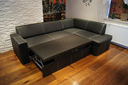 Sofá esquinero de piel auténtica Antalya I 245 x 164 cm negro, cuero con costuras decorativas, sofá con función cama y arcón, sofá esquinero de piel auténtica