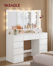 Colección VASAGLE Kailyn - Tocador, espejo de 3 piezas, mesa de maquillaje con 11 bombillas, enchufes, 9 cajones, 3 colores de luz, montaje de rieles de cajón sin herramientas, blanco nube RDT146WB01