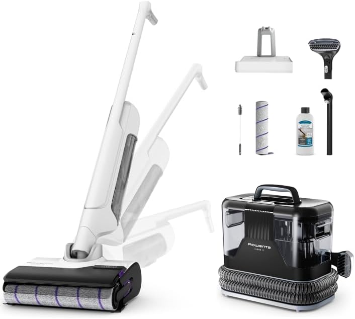 Rowenta X-Clean 10 y Clean it, Aspiradora friegasuelos inalámbrica y limpiadora de alfombras, perfecta para manchas difíciles y pelos, suelos duros, moquetas y alfombras GZ7540WO + IN5010F0