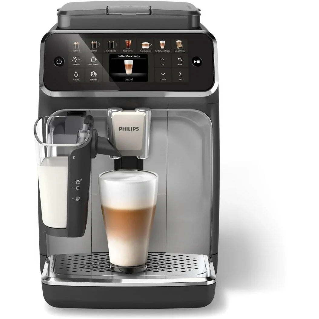 Cafetera espresso premium, 12 cafés fríos/calientes, sistema LatteGo, molinillo cerámico, cromo negro