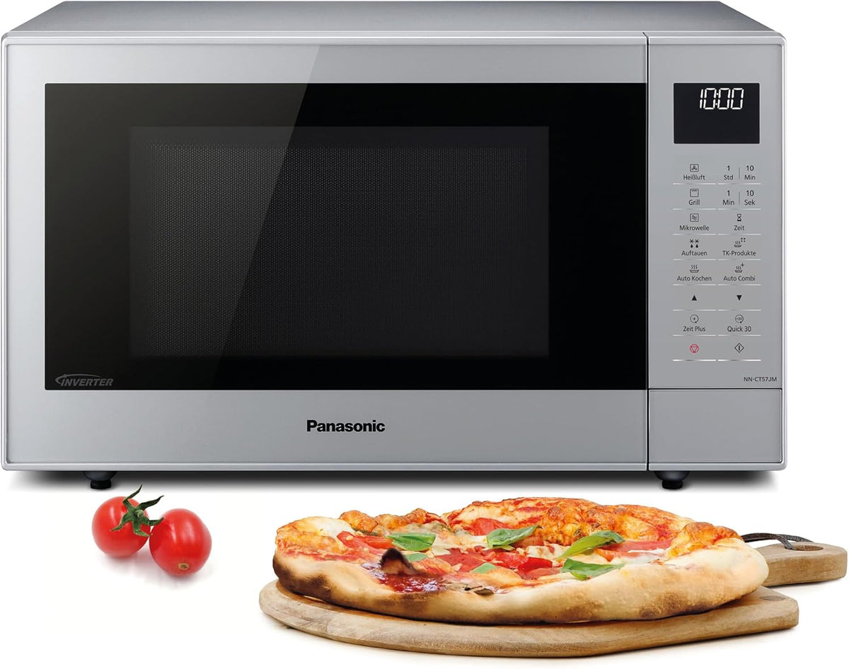 Panasonic NN-CT57JMGPG, horno microondas combinado compacto con plato giratorio, 27 litros, 1000 W, acero inoxidable, 29 programas automáticos, menú junior más saludable, plata