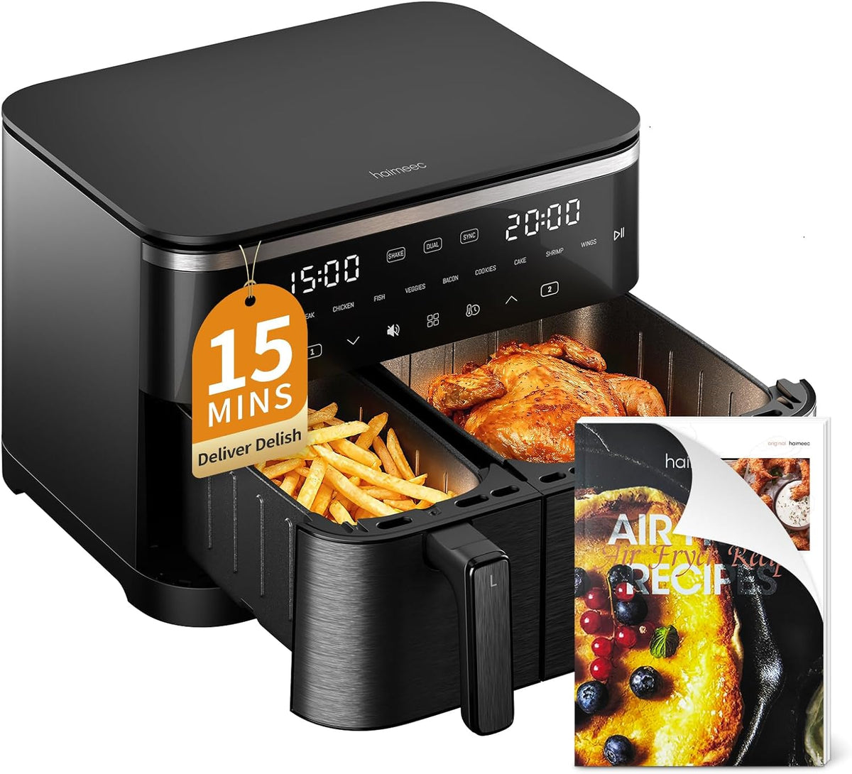 Freidora de aire de 11L, 2 compartimentos, freidora sin aceite 10 en 1 con pantalla táctil digital, ajustable de 30°C a 200°C, 90% menos de grasa, fácil limpieza