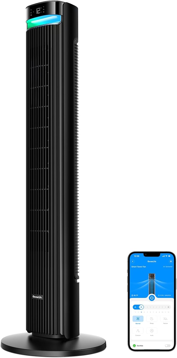 Ventilador silencioso GoveeLife, 12 velocidades de hasta 8 m/s, 5 modos, temporizador de 24 horas, ventilador de torre inteligente con oscilación de 150°, control por voz y aplicación para el hogar, negro
