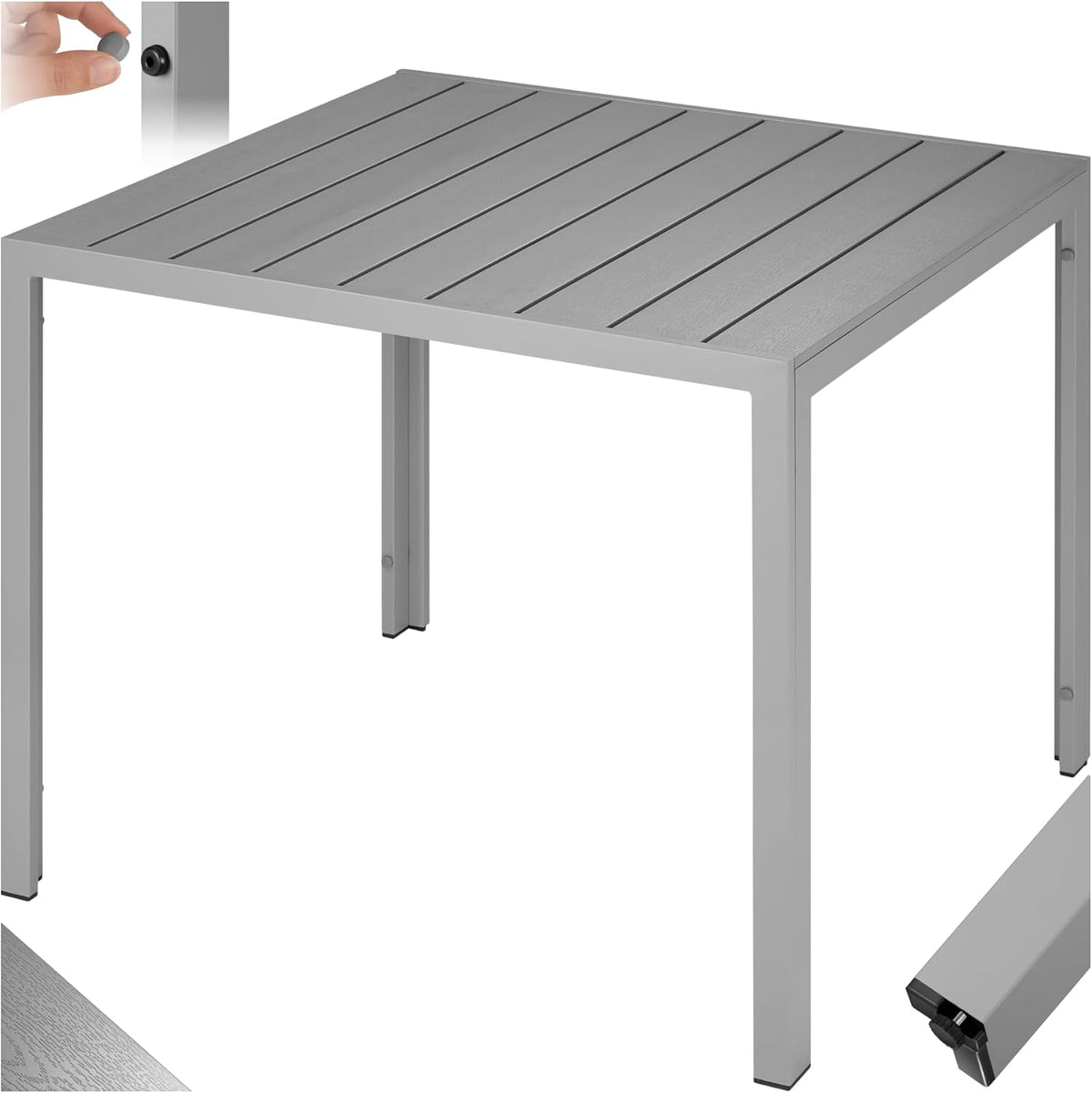 tectake® Mesa de jardín, mesa de comedor para exterior, mesa de balcón con aspecto de madera, mesa de terraza con marco de aluminio, muebles de jardín resistentes a la intemperie, 90x90x74,5 cm, mesa para jardín, salón, conjunto de asientos - Plata