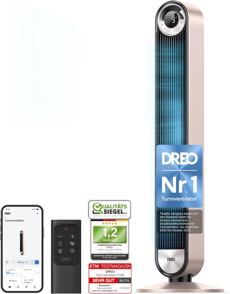 Ventilador de torre inteligente DREO silencioso de 25 dB con refrigeración, ventilador de torre WiFi de 106 cm compatible con Alexa, oscilación de 90°, mando a distancia, 9 velocidades, 4 modos, temporizador de 12 horas, control por voz, luz estelar