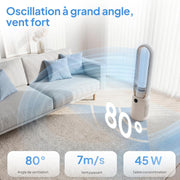 Ventilador de Torre Purificador de Aire ROVSUN, Ventilador sin Aspas de 110 cm, Humidificación, Iones Negativos, Esterilización UV, 32 Velocidades, 4 Modos, Temporizador de 15H, Oscilación de 80°, Control Táctil y Mando a Distancia