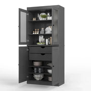 Alacena de madera maciza 100% con puertas de vidrio esmerilado, puertas sólidas, 2 cajones y estantes ajustables
