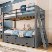 Ymkua Cama litera para niños 90x200 cm con almacenamiento, cama alta con escalera y cama nido, cama juvenil estructura con 3 cajones, cama de madera con protección anticaídas y somier, sin colchón (Gris)
