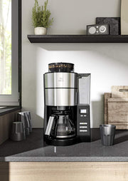 Melitta AromaFresh - Cafetera de filtro - con jarra de cristal - molinillo integrado - función de temporizador - 10 tazas - Negro puro