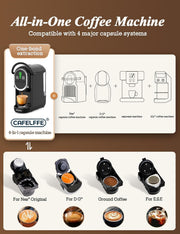 Cafetera automática Cafelffe, cafetera de cápsulas 4 en 1 con temperatura ajustable y 7 tiempos de preparación preestablecidos, máquina de espresso de 19 bares para NES/DG/ESE/café molido, negro