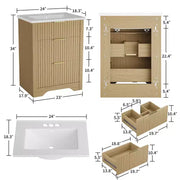 Conjunto de tocador de baño moderno estriado con lavabo de cerámica integrado, mueble de baño independiente con 3 cajones para baño contemporáneo