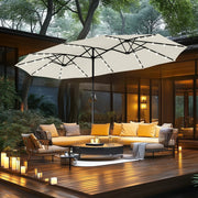 Sombrilla de mercado para exteriores de doble cara MAISON ARTS de 15 pies, rectangular, con manivela, luces LED solares y base incluida
