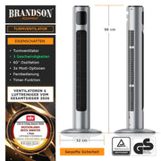 Brandson - Ventilador de torre con mando a distancia 96 cm - Galardonado 2026 - ventilador móvil silencioso - ventilador de pie oscilante - 3 velocidades 3 modos temporizador - ventilador con certificación GS - Plateado acero