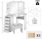 Tocador con espejo de tres paneles y taburete, tocador esquinero con espejo, taburete, 2 compartimentos y 5 cajones, mesa de maquillaje moderna blanca para mujer, regalo con LED