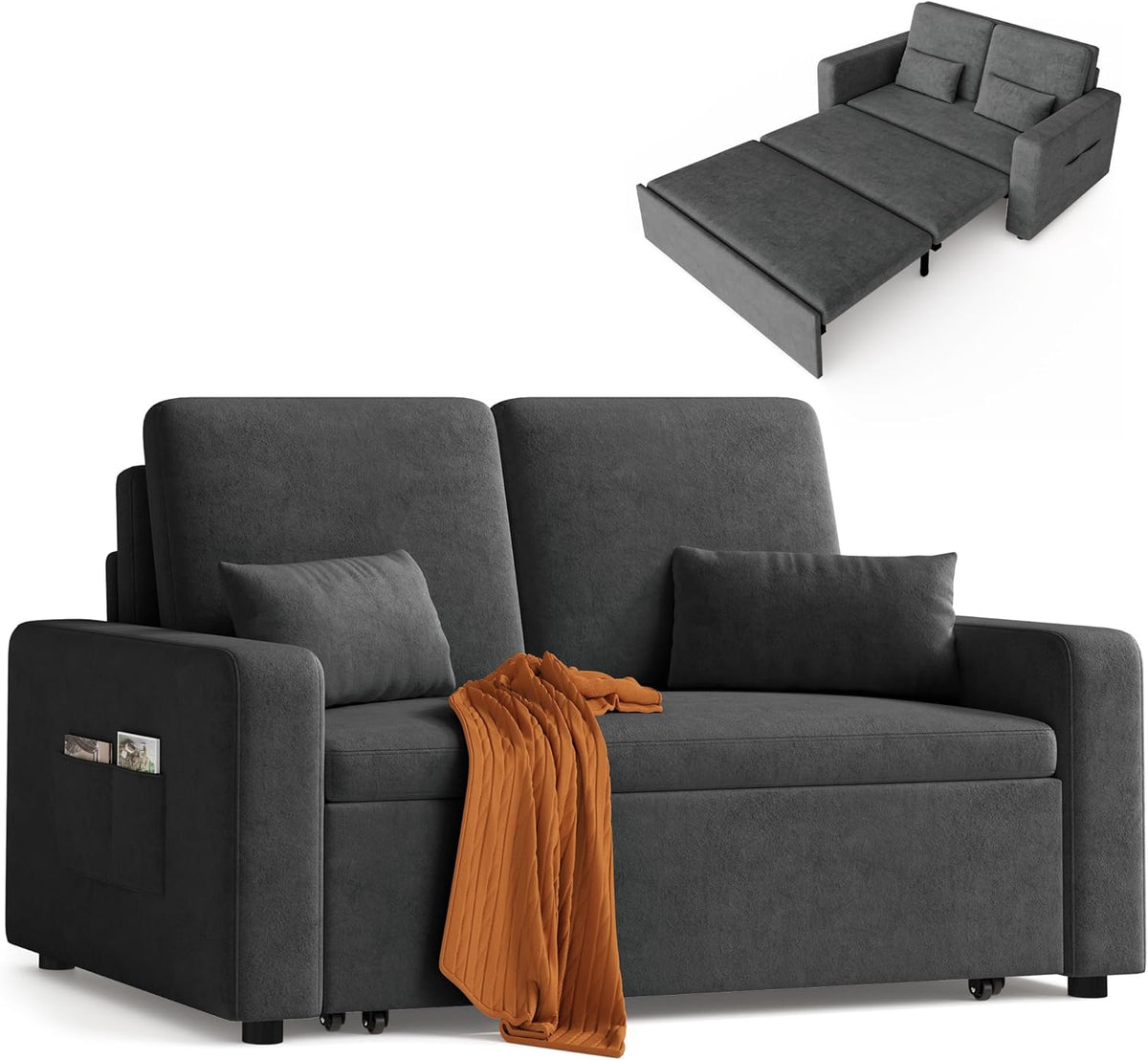 Xbro Sofá cama de 2 plazas convertible 147x196x87 cm, sofá cama de 2 plazas extensible con 4 ruedas, sofá cama moderno de terciopelo, gris oscuro