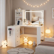 Tocador YOUDENOVA con iluminación LED, espejo grande y enchufes, tocadores con 3 cajones y 3 estantes, 4 compartimentos inferiores, tocador esquinero en forma de L, 120x80x136cm, blanco