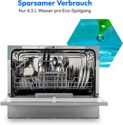 Lavavajillas de sobremesa MEDION DWT60 (capacidad para 6 cubiertos, 7 programas, programa ECO, aprox. 6,5 litros de consumo, AquaStop, pantalla LED, seguro para niños, MD37496) plateado