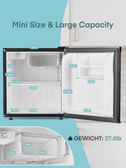 FOHERE Mininevera 46L, Frigorífico pequeño con termostato ajustable, ahorro de energía, silencioso, puerta reversible, minibar, adecuado para el hogar y la oficina, dormitorio, hotel, acero inoxidable