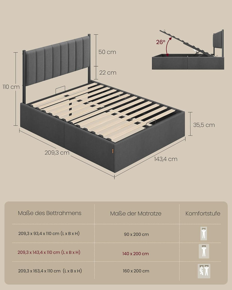 VASAGLE Estructura de cama, marco de cama, cama, 140 x 200 cm, somier abatible, almacenaje debajo de la cama, cabecero, sistema hidráulico, moderno, montaje sencillo, gris oscuro RMB614G02
