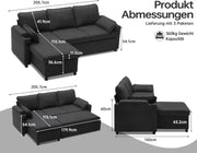 DURASPACE Sofá cama extraíble 2 en 1, sofá seccional con almacenamiento, USB, portavasos, función de dormir y arcón, sofá esquinero con espacio de almacenamiento para apartamento, sala de estar (gris oscuro)