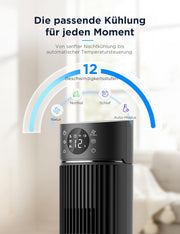 Ventilador de torre inteligente Midea FZ10-26ARDW silencioso con mando a distancia, 19 dB ultrasilencioso, motor CC, 4 modos y 12 niveles, temporizador de 24 h, control por aplicación para dormitorio, salón y oficina, negro, 105 cm