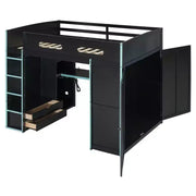 Cama alta matrimonial Merax con escritorio, armario, luces LED RGB y puerto de carga USB, elegante estructura negra con espacio de almacenamiento múltiple para amantes de los videojuegos