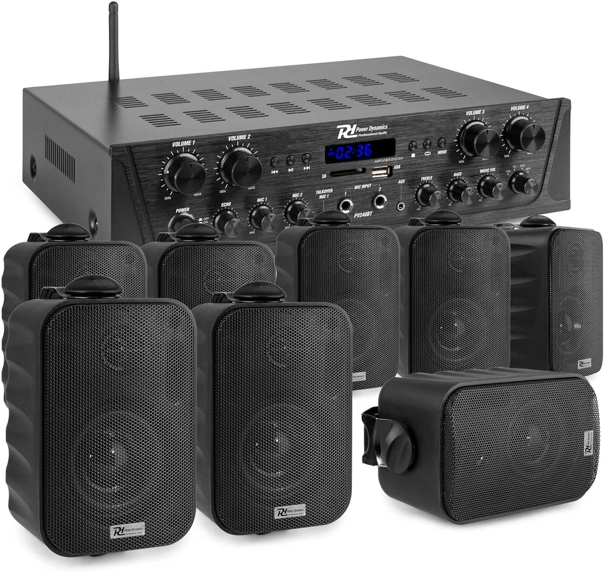 Pack de sonorización de 4 zonas Power Dynamics de 400 vatios con Bluetooth, 8 altavoces negros, reproductor MP3 USB/SD, radio FM, entradas de micrófono y mando a distancia: kit completo para multisalas y restauración.