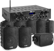Pack de sonorización de 4 zonas Power Dynamics de 400 vatios con Bluetooth, 8 altavoces negros, reproductor MP3 USB/SD, radio FM, entradas de micrófono y mando a distancia: kit completo para multisalas y restauración.
