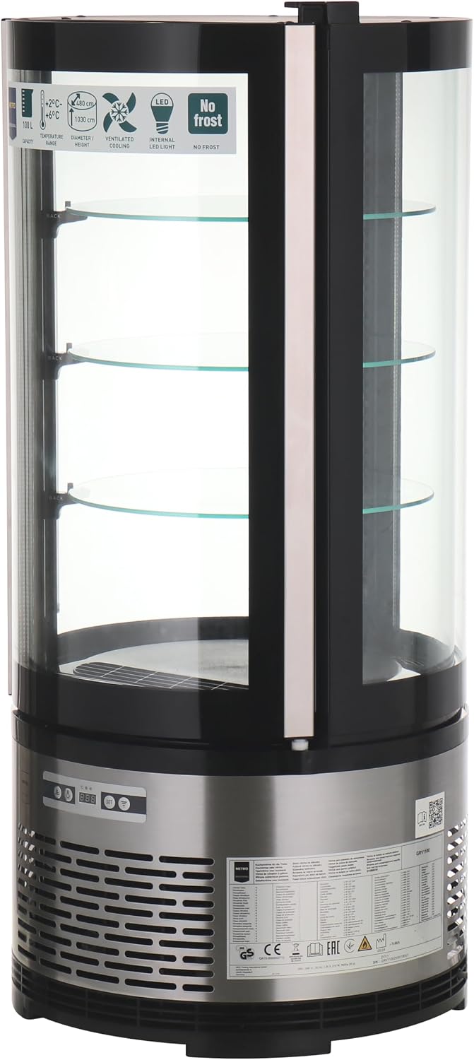 Vitrina refrigerada METRO Professional GRV1100, para hostelería, acero inoxidable/vidrio, 100 L, refrigeración por aire forzado, 490 W, indicador de temperatura, descongelación automática, redonda, plateada, clase climática 6