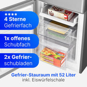 Bomann, Frigorífico y Congelador 173L Inox KG7359 - Frigorífico 121L, Congelador 52L, Iluminación LED, Control de temperatura, Alarma de puerta abierta, Ahorro de energía, Dimensiones 142,5x49,5x56 cm