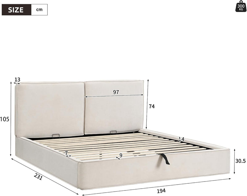 Cama tapizada Merax 180x200 cm con almacenamiento hidráulico, cama de matrimonio con somier y cabecero, cama funcional moderna con marco estable y diseño elegante, tela de chenilla, beige (sin colchón)