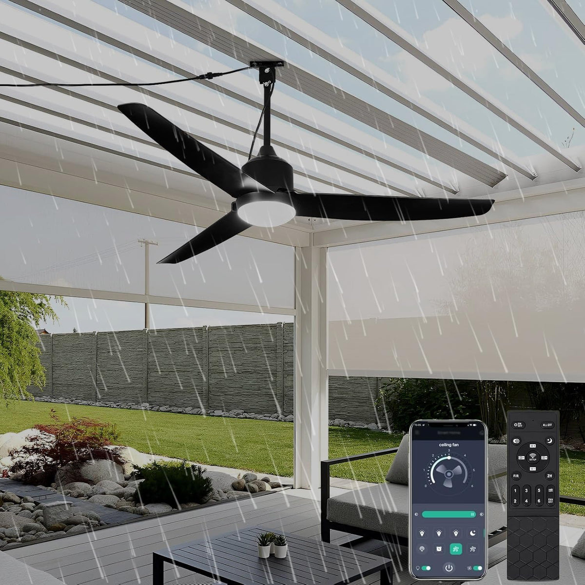 Ventilador de techo con iluminación y mando a distancia, resistente al agua IP65, ventilador de exterior regulable, lámpara de techo moderna con ventilador, ventilador silencioso con luz para dormitorio, balcón y exterior