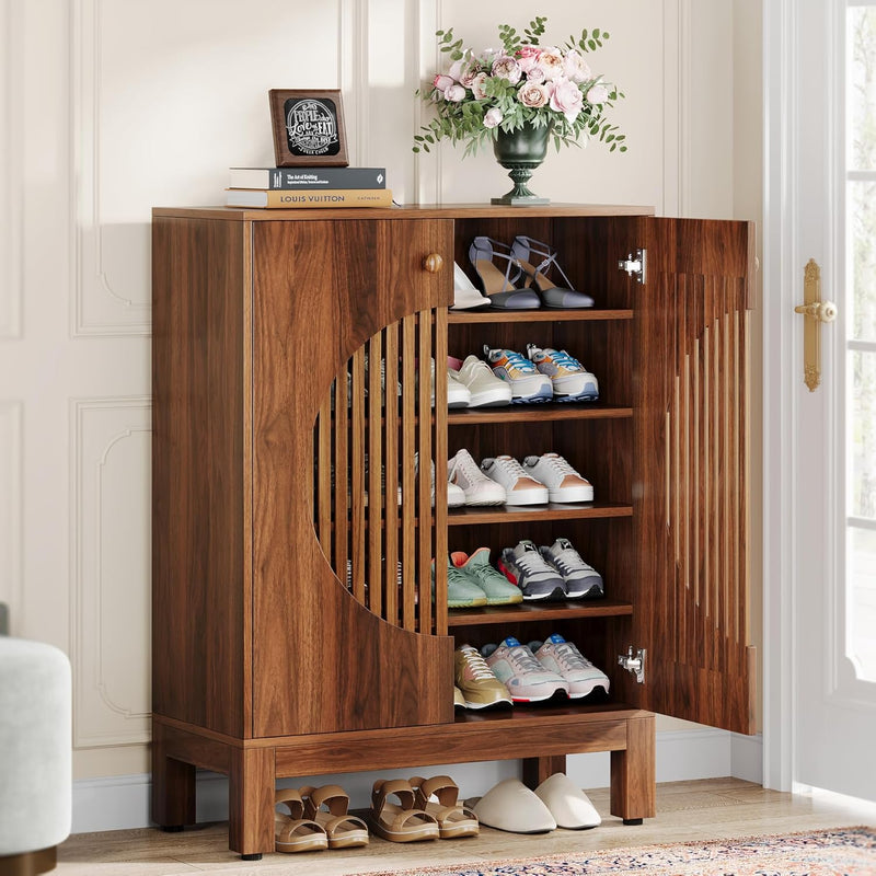 Tribesigns zapatero, estante para zapatos de 5 niveles, mueble zapatero estrecho con puertas de lamas, 20 pares, con estantes ajustables, organizador de madera para entrada, pasillo, salón (marrón)