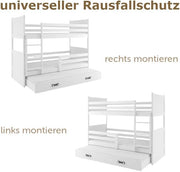 Interbeds litera para 3 niños, cama alta de 200x90 cm, cama de madera de pino, cama infantil con espacio adicional para dormir en el cajón, cama juvenil con somier y protección anticaídas