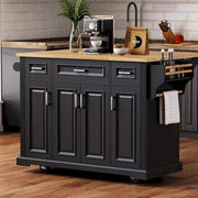 54 Isla de cocina grande con ala abatible de madera de caucho, carro de cocina rodante con textura repujada sobre 4 ruedas con 4 puertas y 3 cajones