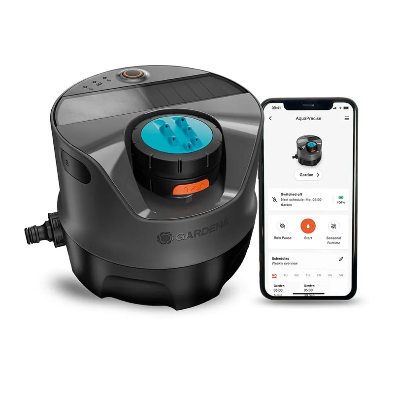Sistema de riego Gardena AquaPrecise para superficies de césped de hasta 320 m², con alimentación solar, distribución de agua y Bluetooth, 16000 20