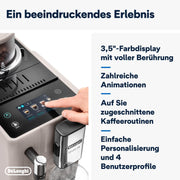 Cafetera superautomática De'Longhi Rivelia EXAM440.55.W con sistema de leche LatteCrema, recipiente de granos intercambiable, 16 bebidas de café y leche con solo tocar un botón, función Extra-Shot, pantalla táctil de 3,5 pulgadas, color blanco