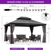 PURPLE LEAF Gazebo de jardín 3,65 x 4,25 m, pabellón de aluminio impermeable, estable y resistente al invierno, cenador con techo rígido de acero, 14,6 m², 24 luces LED, gris