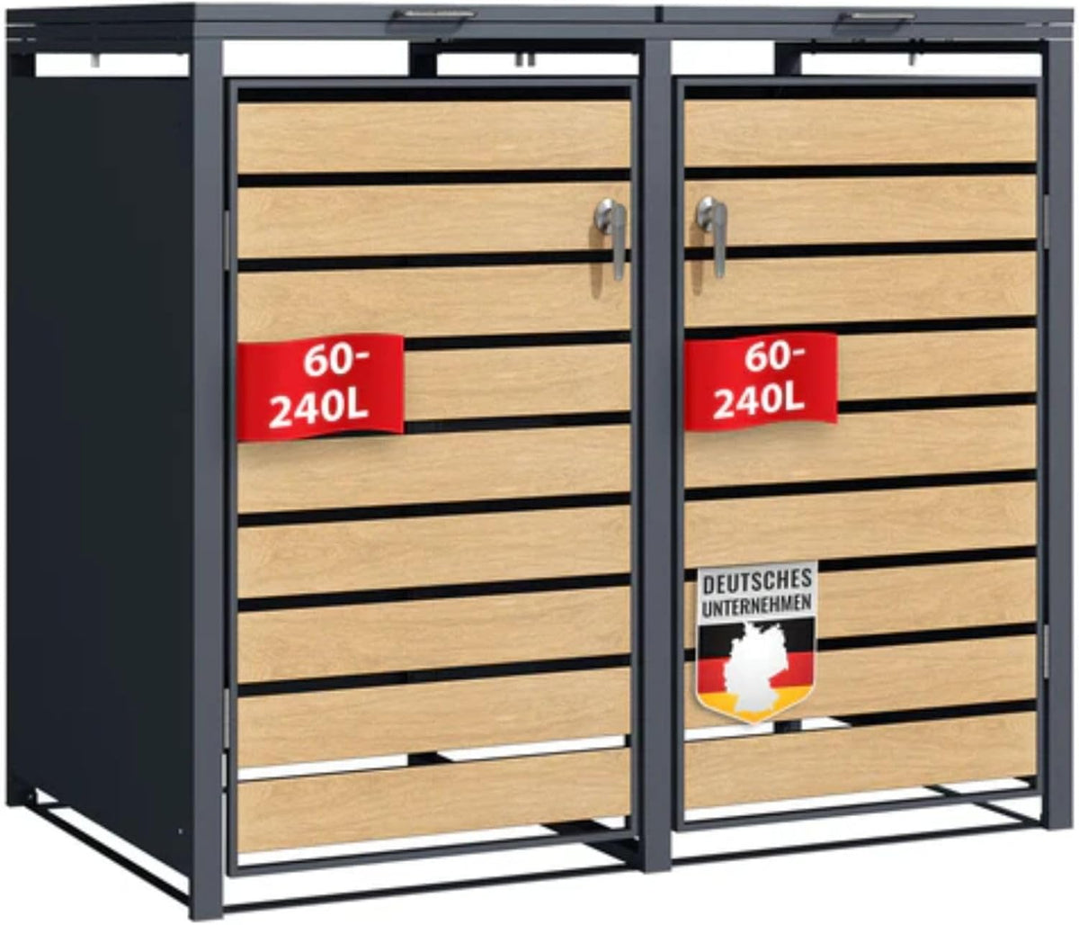 Cubrecontenedores Floordirekt para 2 cubos de basura de 60-240 l - Antracita con decoración de madera - incl. posibilidad de ampliación - revestimiento para cubos de basura, caja de basura para jardín, caseta para cubos de basura, Johann
