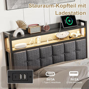 Marco de cama 90x200, cama boxspring con LED, cama individual con almacenamiento, cama tapizada hidráulica con almacenamiento, cama funcional, cama juvenil con USB, cama tapizada para 1 persona (gris + lino)