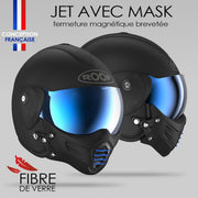 Casco de moto jet de alta gama ROOF Roadster de fibra de vidrio con mentonera magnética extraíble, pantalla iridio incluida – Color Iron negro mate/azul - Venta directa de fábrica - Garantía de 4 años