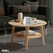 Mesa de centro redonda skølm Mjölnir Ø70 cm – Mesa de salón de madera maciza de roble – Mesa de sofá con 2 estantes – Mesa auxiliar pequeña con acabado de aceite natural – Mesa de madera para salón con espacio de almacenamiento – Coffee Table